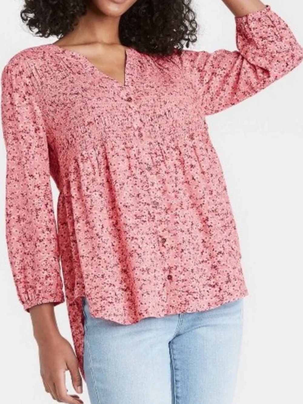 Knox Rose Pink Floral Smocked Button-Front Blouse